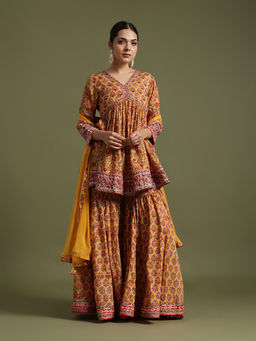 Jaipuri Banno - Yellow Floral Printed Kurti with Sharara and Dupatta (Set of 3)