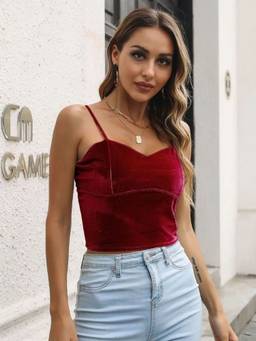 Oh Rare - Maroon Shoulder Strap Velvet Crop Top