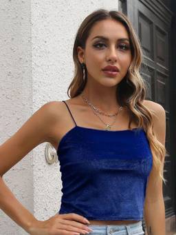 Oh Rare - Blue Shoulder Strap Velvet Crop Top