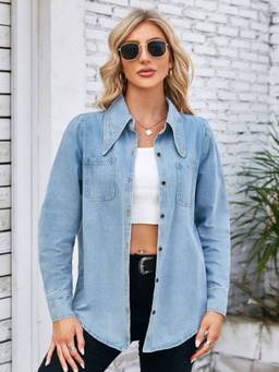 Oh Rare - Washed Retro Pointed Collar Fashion Denim Long-Sleeved Shirt Tops