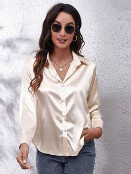 Oh Rare - Womens Imitation Silk Long-Sleeved Shirt Metallic