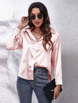 Oh Rare - Womens Imitation Silk Long-Sleeved Shirt Pink