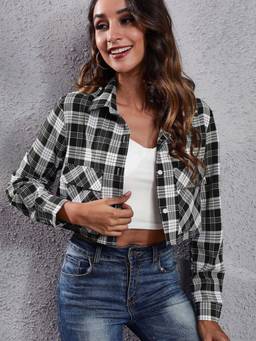 Oh Rare - Plaid Pocket Long-Sleeved Belly-Baring Short Top for Women Green
