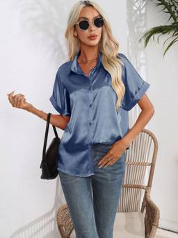 Oh Rare - Women Satin Imitation Silk Short Sleeve Shirt Blue