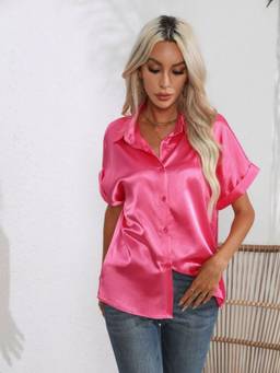 Oh Rare - Roll Sleeve Women Satin Imitation Silk Short Sleeve Shirt Pink
