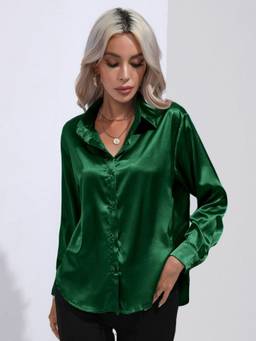 Oh Rare - Womens Imitation Silk Long-Sleeved Shirt Olive