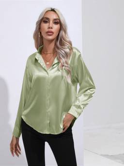 Oh Rare - Womens Imitation Silk Long-Sleeved Shirt Green