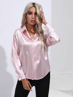 Oh Rare - Satin Womens Imitation Silk Long-Sleeved Shirt Pink