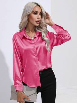Oh Rare - Womens Imitation Silk Long-Sleeved Shirt Pink