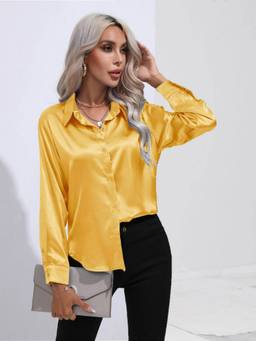 Oh Rare - Satin Womens Imitation Silk Long-Sleeved Shirt Yellow