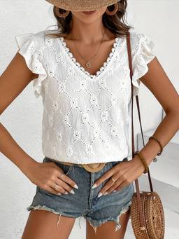 Oh Rare - Women Lace V-Neck Ruffle Sleeve Top