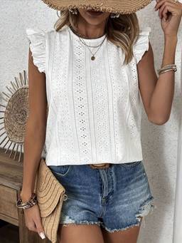 Oh Rare - Women Round Neck Ruffle Sleeves Back Tie Top
