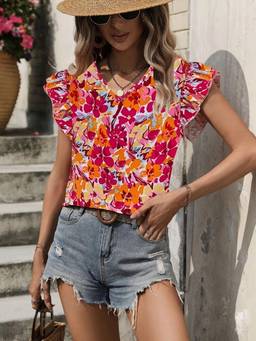 Oh Rare - Women Hot Style Printed V-Neck Back Tie Lotus Leaf Sleeve Top