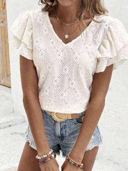 Oh Rare - Women Hot Style Double Layer Lotus Leaf Sleeve V Neck Top White