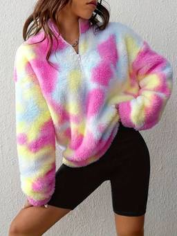 Oh Rare - Women Printed Double-Sided Half-Zip Pullover Top