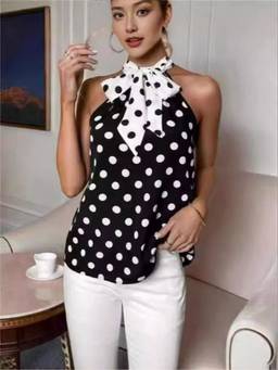 Oh Rare - Women Polka Dot Print Halter Neck Top