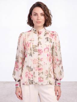 R&B - Womens Pink Mandarin Collar Long Sleeves Floral Print Sheer Top