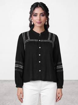 R&B - Womens Black Mandarin Collar Long Sleeves Embroidered Top
