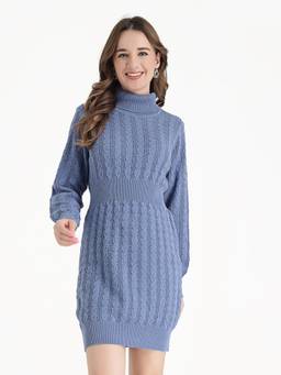 JOE Hazel - Denim Womens Irish Cable Knit Turtleneck Sweater Dress