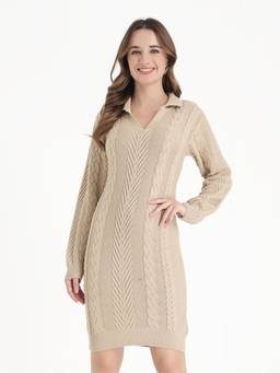 JOE Hazel - Beige Womens Cable Knit V-Neck Collared Full Sleeve Sweater Dress