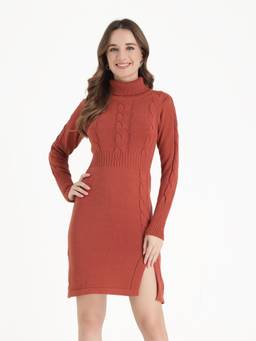 JOE Hazel - Rust Womens Cable Knit Turtleneck Side Slit Sweater Dress