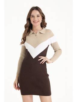 JOE Hazel - Beige Womens Colorblock Ribbed Knit Polo Neck Sweater Dress