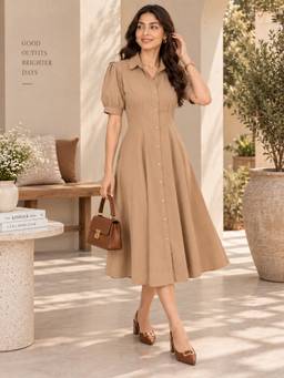WineRed - Women Waist Pleated Dress Beige