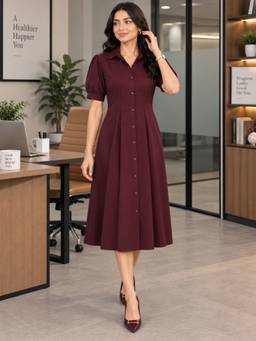 WineRed - Women Waist Pleated Dress Burgundy