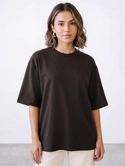 R&B - Women Coffee Short Sleeve Round Neck Solid T-Shirt