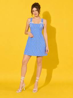 Buynewtrend - Blue Gingham Tie-Back Cotton A-Line Mini Sundress