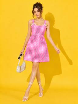 Buynewtrend - Pink Gingham Tie-Back Cotton A-Line Mini Sundress