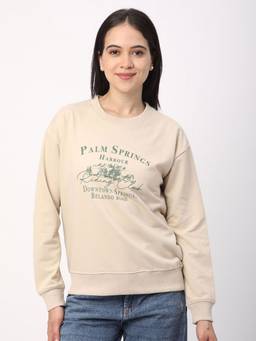 R&B - Women Beige Typography Print Regular Fit Full Sleeves Round Neck Sweatshirt