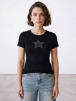 R&B - Women Black Short Sleeve Round Neck Star Embellished T-Shirt
