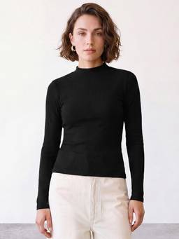 R&B - Womens Black High Neck Long Sleeves Ribbed Top