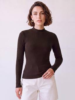 R&B - Womens Brown High Neck Long Sleeves Ribbed Top