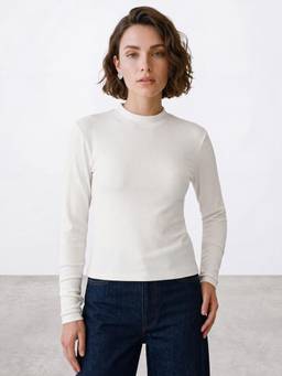 R&B - Womens Off White High Neck Long Sleeves Ribbed Top
