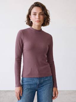 R&B - Womens Purple High Neck Long Sleeves Ribbed Top