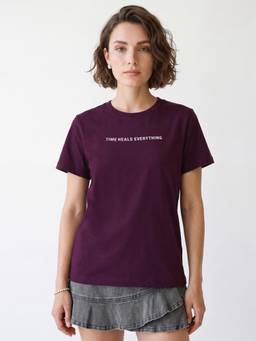 R&B - Women Purple Short Sleeve Round Neck Typography Graphic Print T-Shirt