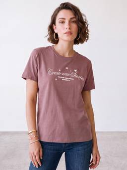 R&B - Women Pink Short Sleeve Round Neck Typography Graphic Print T-Shirt