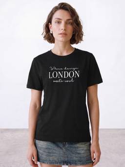R&B - Women Black Short Sleeve Round Neck Typography Graphic Print T-Shirt