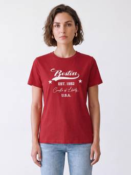 R&B - Women Red Short Sleeve Round Neck Typography Graphic Print T-Shirt