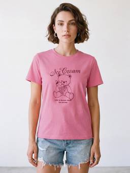 R&B - Women Pink Short Sleeve Round Neck Teddy Bear Graphic Print T-Shirt