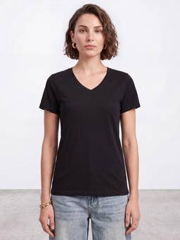R&B - Women Black Short Sleeve V Neck Solid T-Shirt
