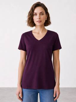 R&B - Women Purple Short Sleeve V Neck Solid T-Shirt