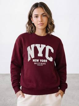 R&B - Women Burgundy Varsity Typography Round Neck Long Sleeves Relaxed Fit Sweatshirt