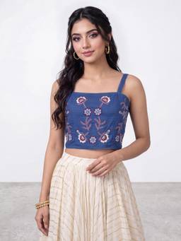 R&B - Womens Blue Square Neck Sleeveless Floral Embroidered Strappy Fitted Crop Top