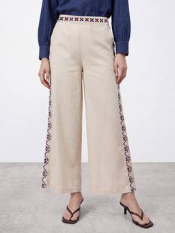 R&B - Women Off White Embroidered Flat Front Palazzo