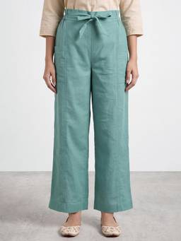 R&B - Women Green Solid Tie Up Palazzo