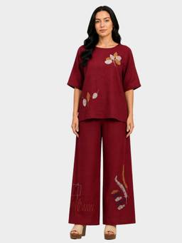 Global Republic - Rayon Embroidered Round Neck Co-Ord Set For Women Maroon
