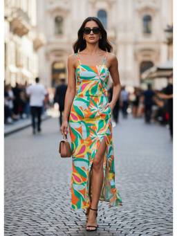 AM SWAN - Luxury Satin Digital Print Dress